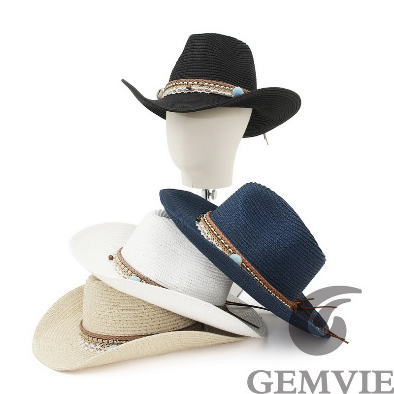 Cowboy Hat Straw - GEMVIE 4 สี หมวกฟางคาวบอยสไตล์เรโทร สำหรับฤดูใบไม้ผลิและฤดูร้อน ป้องกันแสงแดด