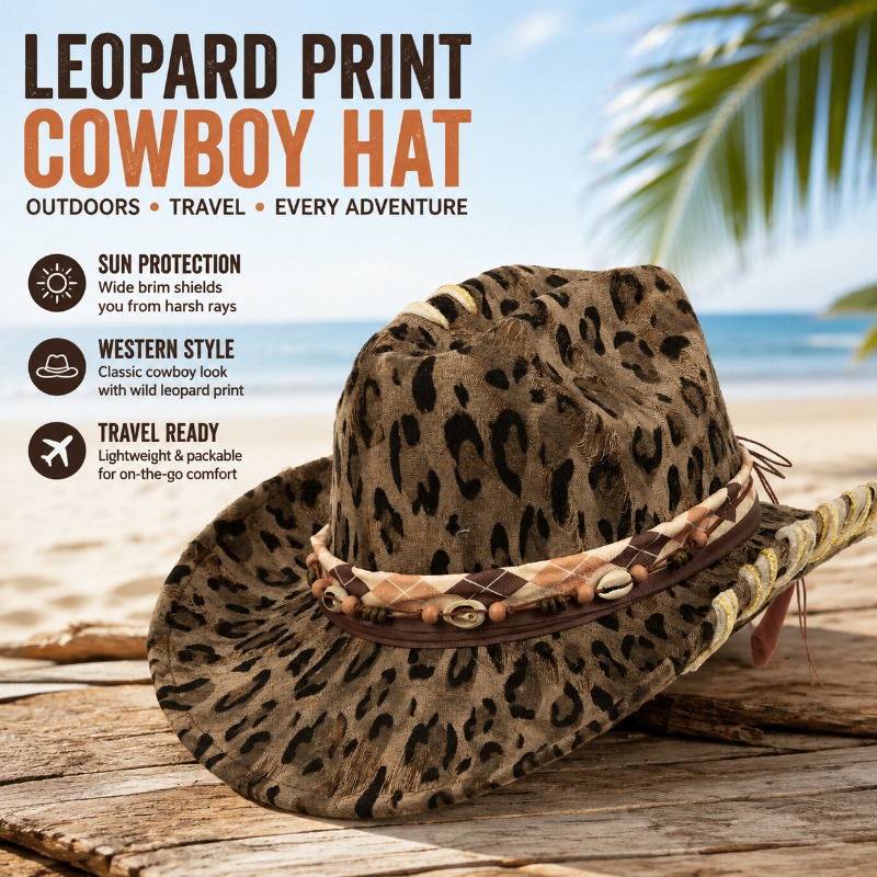 Cowboy Hat Straw - หมวกคาวบอยลายเสือดาวสไตล์ตะวันตก หมวกกันแดดกลางแจ้ง หมวกอัศวิน หมวกเดินทาง หมวกวินเทจตกแต่ง หมวกเฟโดร่า