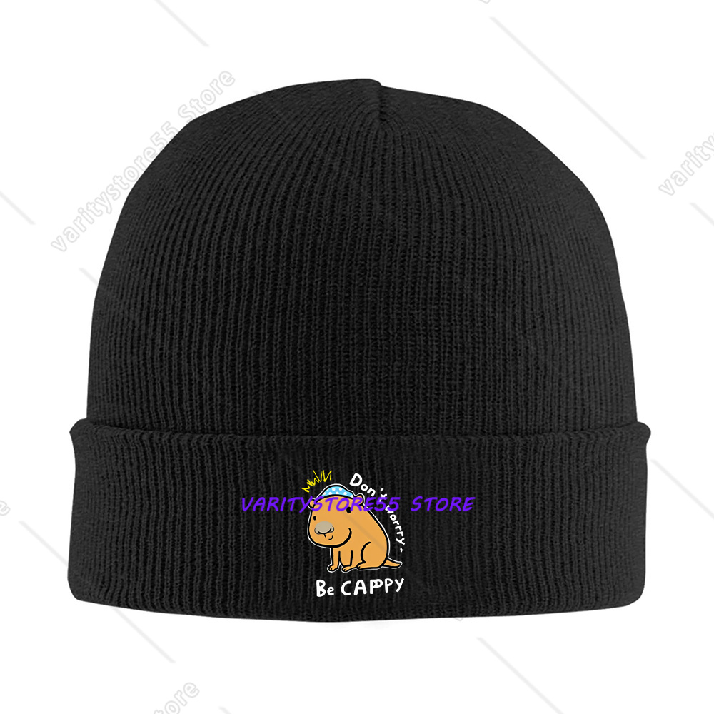 Beanie Cuffed Knit - หมวกบีนนี่ถักลายคาปิบาร่าตลก หมวกกันหนาวสีดำแบบมีขอบริบ หมวกคลุมศีรษะยืดหยุ่นอบอุ่นสำหรับผู้ชายและผู้หญิง ลายสัตว์น่ารักสำหรับใส่ในชีวิตประจำวัน