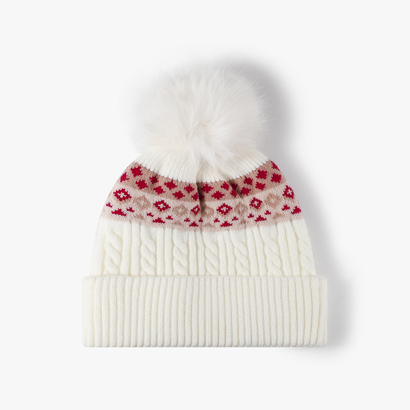 Beanie Cuffed Knit - หมวกบีนนี่ถักลายเคเบิลแฟร์ไอล์บุสองชั้นสำหรับผู้หญิง พร้อมปอมปอมขนเฟอร์เทียม อบอุ่นสำหรับฤดูหนาว หมวกถักแบบมีขอบพับ