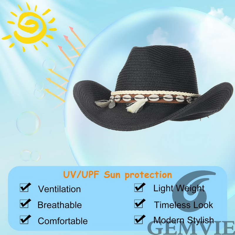 GEMVIE 4 สี หมวกฟางคาวบอยสไตล์ - Cowboy Hat Straw บทวิจารณ์และราคา
